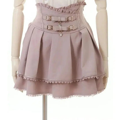 Japan Style High Waist Pleated Mini Skirts Bow Knot Design Mini Skirts Kawaii Slim Fit A-line Skirts Pink Lace Skirts For Women SS69