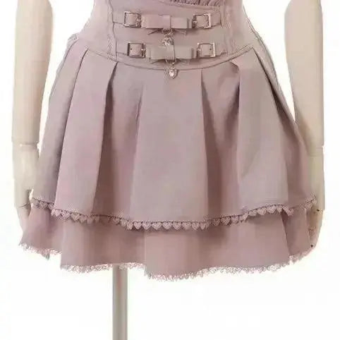 Japan Style High Waist Pleated Mini Skirts Bow Knot Design Mini Skirts Kawaii Slim Fit A-line Skirts Pink Lace Skirts For Women SS69