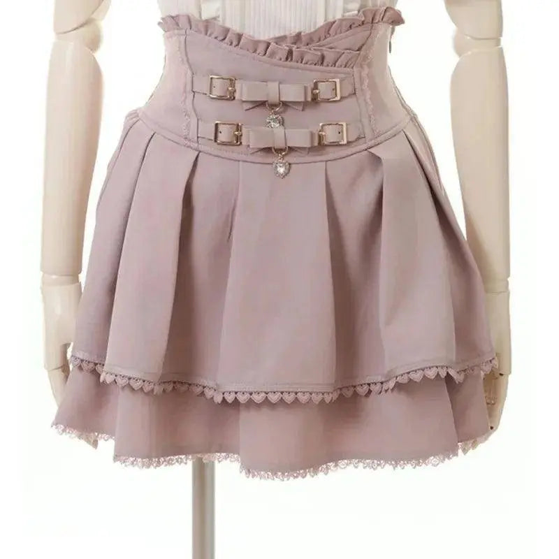 Japan Style High Waist Pleated Mini Skirts Bow Knot Design Mini Skirts Kawaii Slim Fit A-line Skirts Pink Lace Skirts For Women SS69