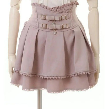 Japan Style High Waist Pleated Mini Skirts Bow Knot Design Mini Skirts Kawaii Slim Fit A-line Skirts Pink Lace Skirts For Women SS69
