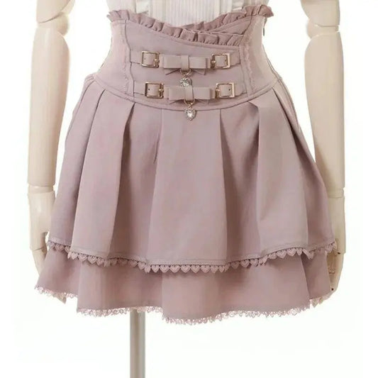 Japan Style High Waist Pleated Mini Skirts Bow Knot Design Mini Skirts Kawaii Slim Fit A-line Skirts Pink Lace Skirts For Women SS69