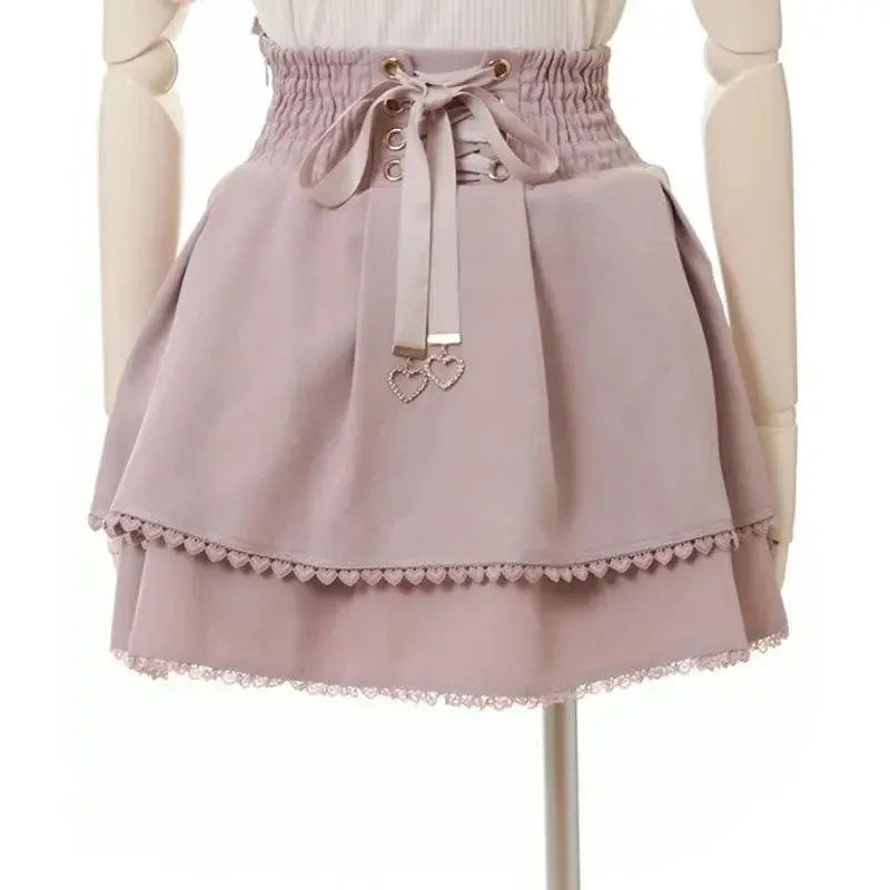Japan Style High Waist Pleated Mini Skirts Bow Knot Design Mini Skirts Kawaii Slim Fit A-line Skirts Pink Lace Skirts For Women SS69