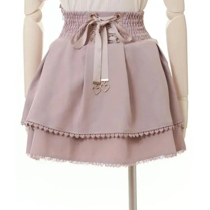 Japan Style High Waist Pleated Mini Skirts Bow Knot Design Mini Skirts Kawaii Slim Fit A-line Skirts Pink Lace Skirts For Women SS69
