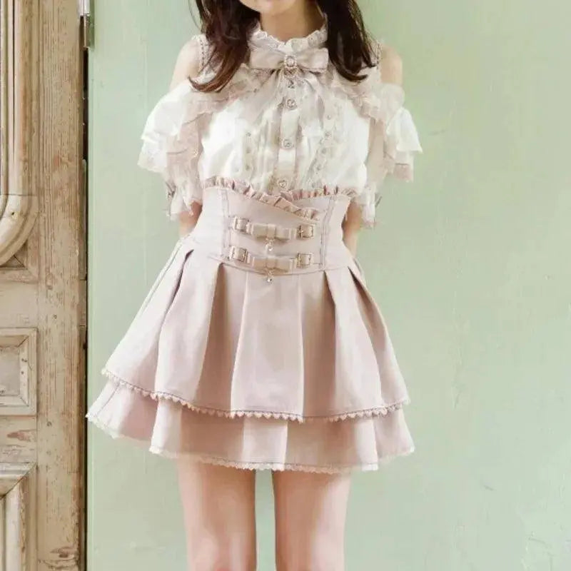 Japan Style High Waist Pleated Mini Skirts Bow Knot Design Mini Skirts Kawaii Slim Fit A-line Skirts Pink Lace Skirts For Women SS69