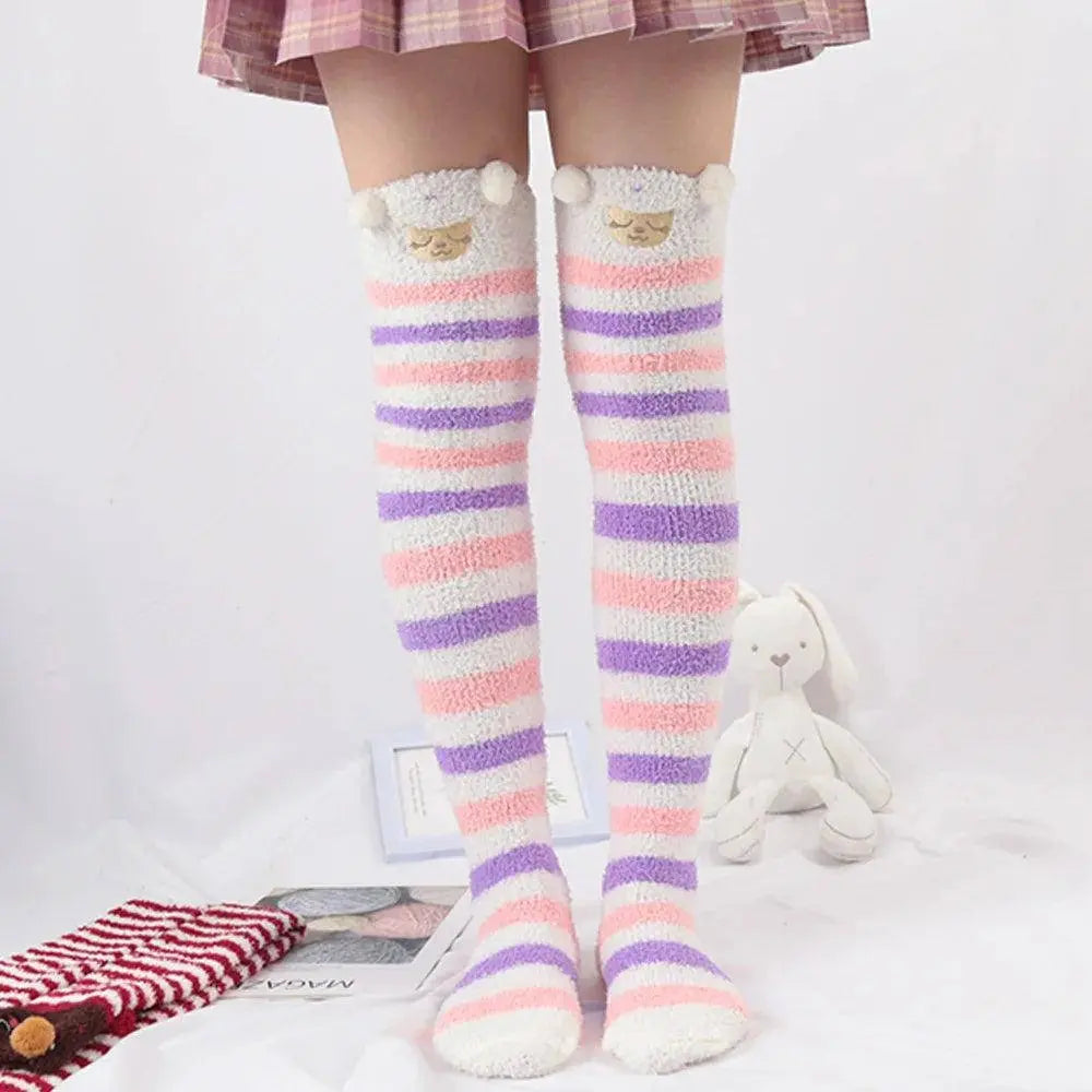 Japanese Girl Animal Modeling Knee Socks Striped Cute Compression Autumn Winter Warm Sock Kawaii Cozy Long Thigh High Socks - SS69