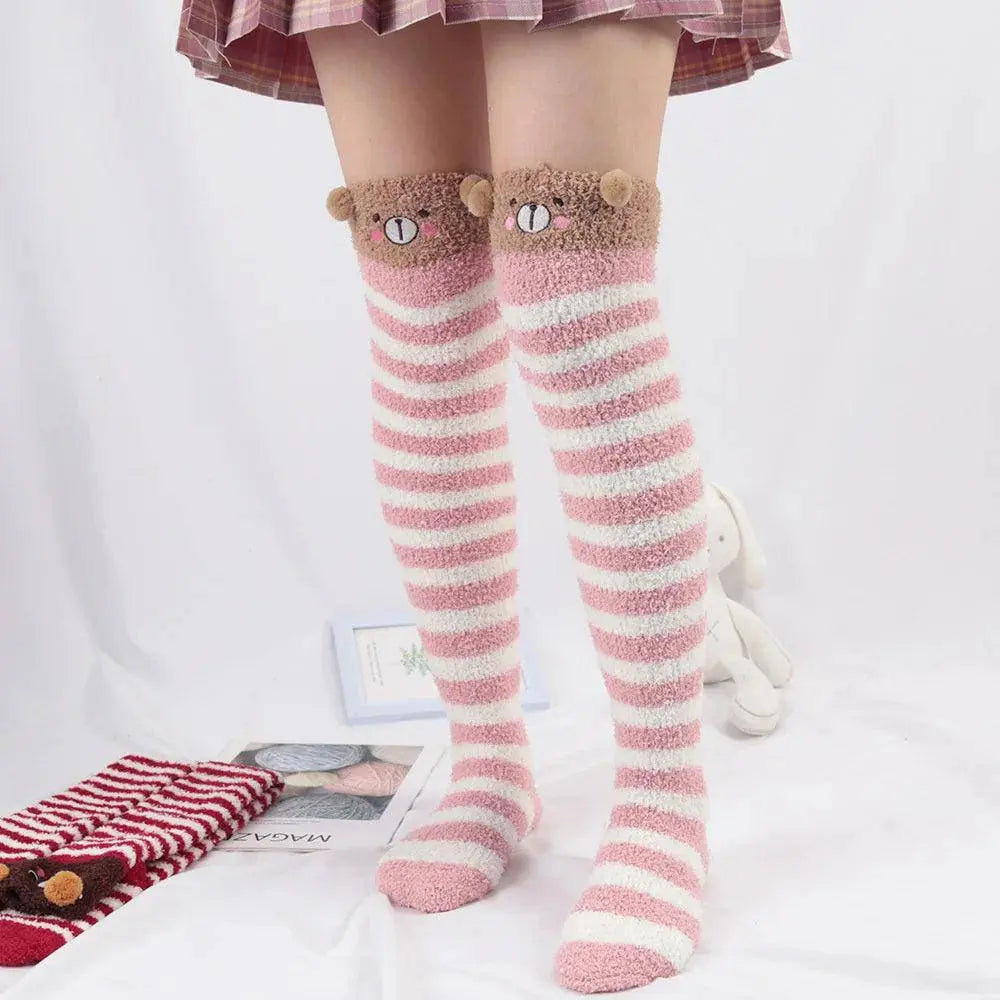 Japanese Girl Animal Modeling Knee Socks Striped Cute Compression Autumn Winter Warm Sock Kawaii Cozy Long Thigh High Socks - SS69