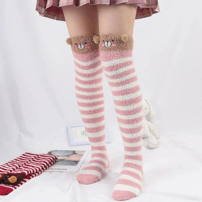 Japanese Girl Animal Modeling Knee Socks Striped Cute Compression Autumn Winter Warm Sock Kawaii Cozy Long Thigh High Socks - SS69