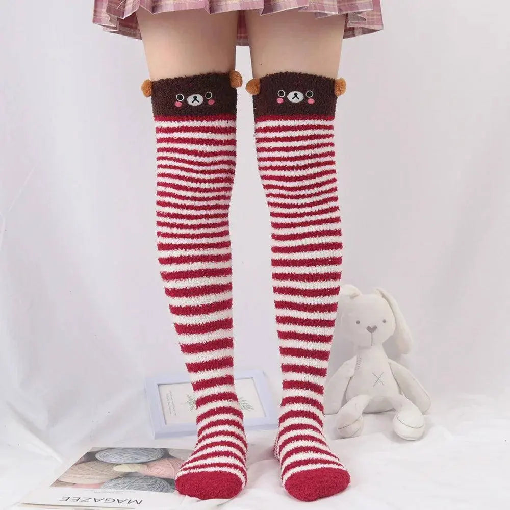 Japanese Girl Animal Modeling Knee Socks Striped Cute Compression Autumn Winter Warm Sock Kawaii Cozy Long Thigh High Socks - SS69
