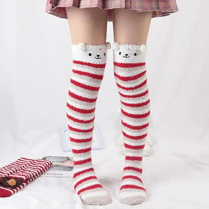 Japanese Girl Animal Modeling Knee Socks Striped Cute Compression Autumn Winter Warm Sock Kawaii Cozy Long Thigh High Socks - SS69