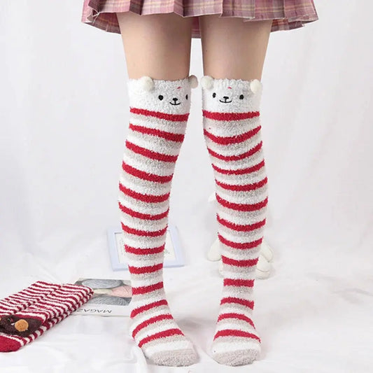 Japanese Girl Animal Modeling Knee Socks Striped Cute Compression Autumn Winter Warm Sock Kawaii Cozy Long Thigh High Socks - SS69