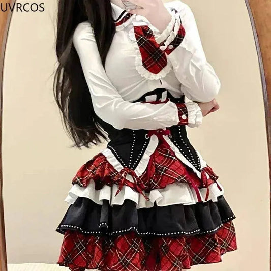 Japanese Gothic Lolita 3 Piece Set Women Plaid Patchwork Kawaii Sweet Mini Skirt Suit Female Korean Fashion Chic Y2k Outfit 2025 SS69