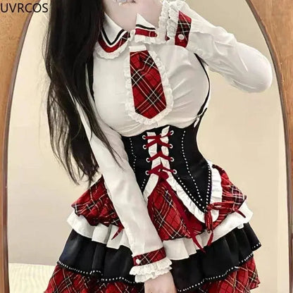 Japanese Gothic Lolita 3 Piece Set Women Plaid Patchwork Kawaii Sweet Mini Skirt Suit Female Korean Fashion Chic Y2k Outfit 2025 SS69