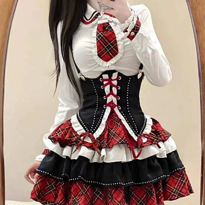 Japanese Gothic Lolita 3 Piece Set Women Plaid Patchwork Kawaii Sweet Mini Skirt Suit Female Korean Fashion Chic Y2k Outfit 2025 SS69