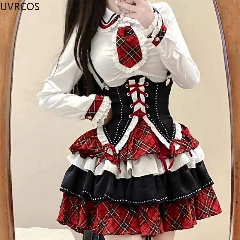 Japanese Gothic Lolita 3 Piece Set Women Plaid Patchwork Kawaii Sweet Mini Skirt Suit Female Korean Fashion Chic Y2k Outfit 2025 SS69