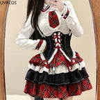Japanese Gothic Lolita 3 Piece Set Women Plaid Patchwork Kawaii Sweet Mini Skirt Suit Female Korean Fashion Chic Y2k Outfit 2025 SS69