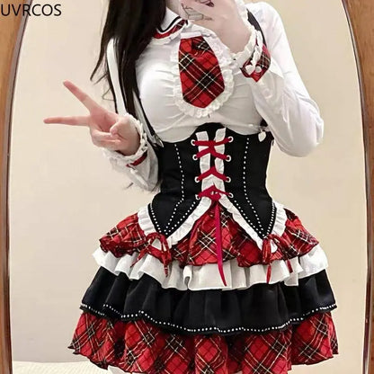 Japanese Gothic Lolita 3 Piece Set Women Plaid Patchwork Kawaii Sweet Mini Skirt Suit Female Korean Fashion Chic Y2k Outfit 2025 SS69