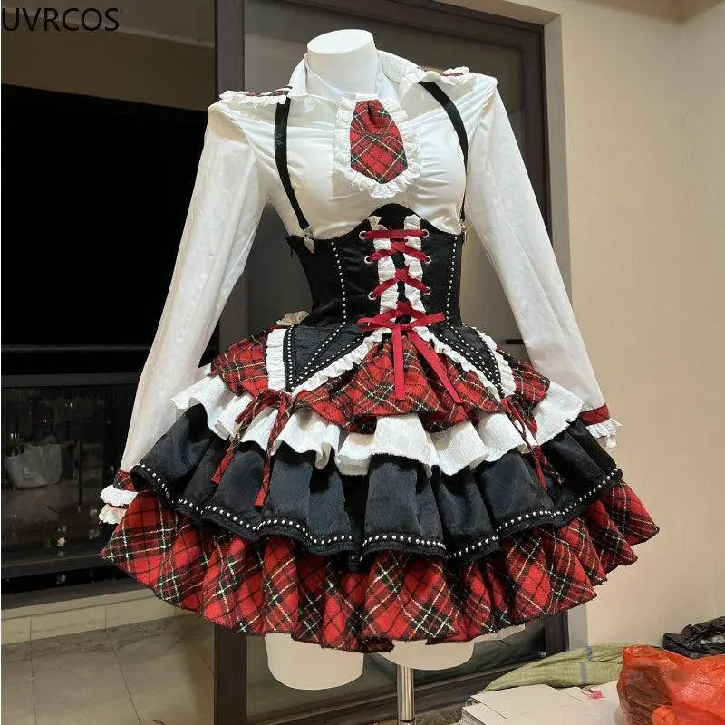 Japanese Gothic Lolita 3 Piece Set Women Plaid Patchwork Kawaii Sweet Mini Skirt Suit Female Korean Fashion Chic Y2k Outfit 2025 SS69