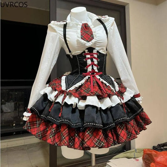 Japanese Gothic Lolita 3 Piece Set Women Plaid Patchwork Kawaii Sweet Mini Skirt Suit Female Korean Fashion Chic Y2k Outfit 2025 SS69