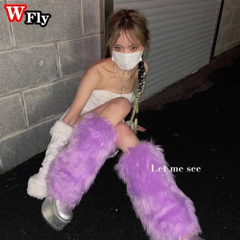 Japanese Gothic Lolita Solid Color Furry Leg Warmer Y2K Hot Women Girl Disco cosplay Leg Warmers Winter warm Foot cover Socks SS69
