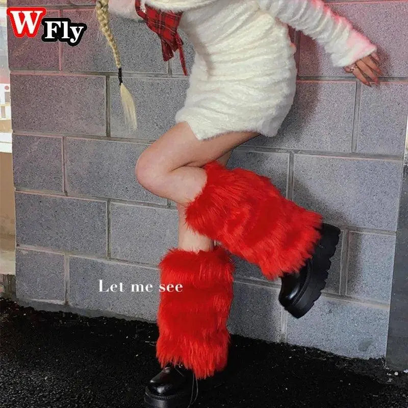 Japanese Gothic Lolita Solid Color Furry Leg Warmer Y2K Hot Women Girl Disco cosplay Leg Warmers Winter warm Foot cover Socks SS69