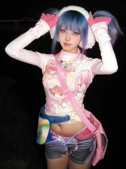 Japanese Grunge Cartoon Print Harajuku Long Sleeve Crop Tops Women T-shirt Y2k Aesthetic Slim Fit Tee Vintage Fairy Streetwear SS69