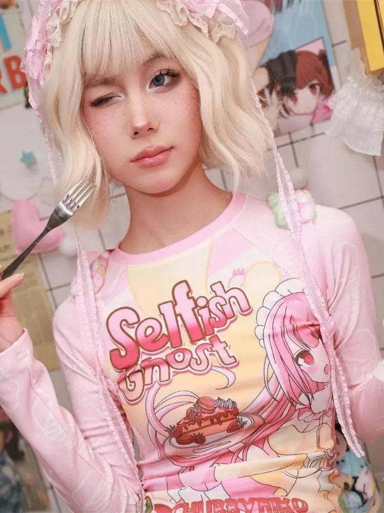 Japanese Grunge Cartoon Print Harajuku Long Sleeve Crop Tops Women T-shirt Y2k Aesthetic Slim Fit Tee Vintage Fairy Streetwear SS69