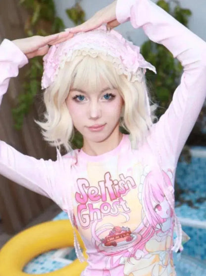 Japanese Grunge Cartoon Print Harajuku Long Sleeve Crop Tops Women T-shirt Y2k Aesthetic Slim Fit Tee Vintage Fairy Streetwear SS69