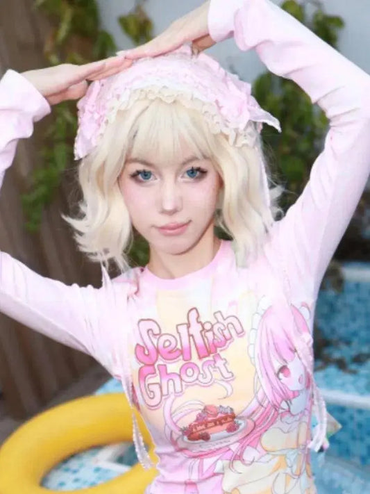 Japanese Grunge Cartoon Print Harajuku Long Sleeve Crop Tops Women T-shirt Y2k Aesthetic Slim Fit Tee Vintage Fairy Streetwear SS69