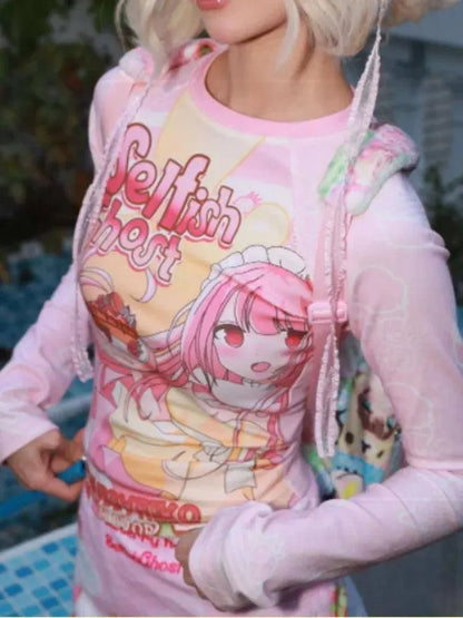 Japanese Grunge Cartoon Print Harajuku Long Sleeve Crop Tops Women T-shirt Y2k Aesthetic Slim Fit Tee Vintage Fairy Streetwear SS69