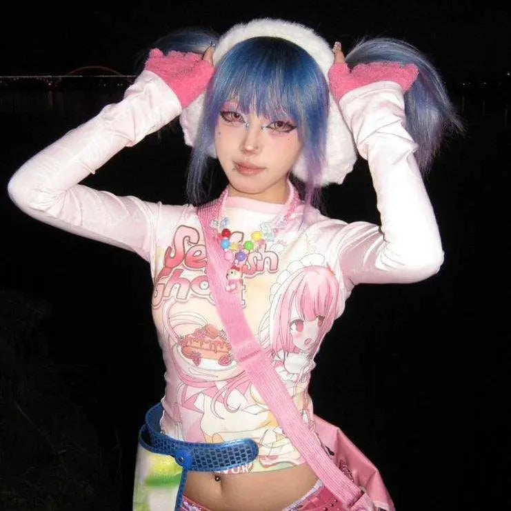 Japanese Grunge Cartoon Print Harajuku Long Sleeve Crop Tops Women T-shirt Y2k Aesthetic Slim Fit Tee Vintage Fairy Streetwear SS69