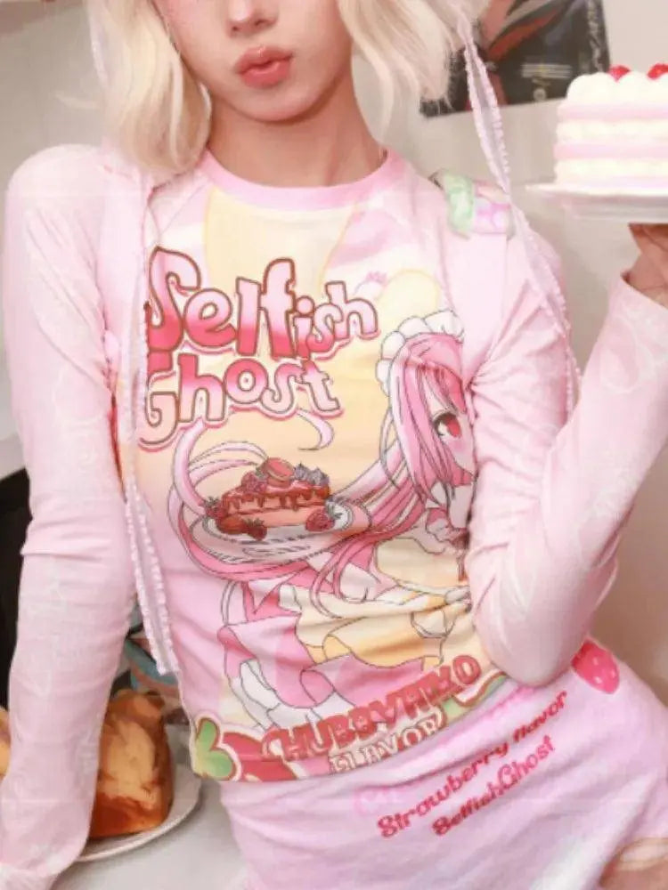 Japanese Grunge Cartoon Print Harajuku Long Sleeve Crop Tops Women T-shirt Y2k Aesthetic Slim Fit Tee Vintage Fairy Streetwear SS69