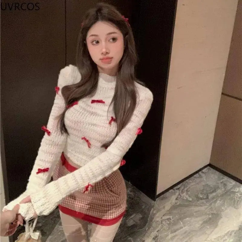 Japanese Kawaii Lolita Style Knitted Two Piece Set Women Sweet Party Elegant Skirt Suit Korean Bow Sweater Top Plaid Mini Skirts SS69