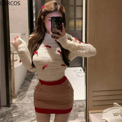 Japanese Kawaii Lolita Style Knitted Two Piece Set Women Sweet Party Elegant Skirt Suit Korean Bow Sweater Top Plaid Mini Skirts SS69