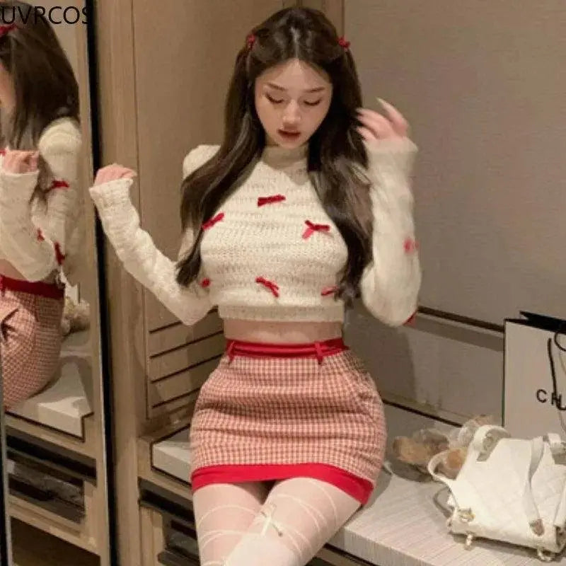 Japanese Kawaii Lolita Style Knitted Two Piece Set Women Sweet Party Elegant Skirt Suit Korean Bow Sweater Top Plaid Mini Skirts SS69