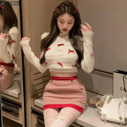 Japanese Kawaii Lolita Style Knitted Two Piece Set Women Sweet Party Elegant Skirt Suit Korean Bow Sweater Top Plaid Mini Skirts SS69