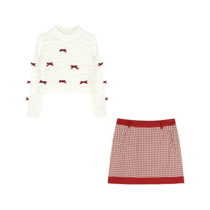 Japanese Kawaii Lolita Style Knitted Two Piece Set Women Sweet Party Elegant Skirt Suit Korean Bow Sweater Top Plaid Mini Skirts SS69