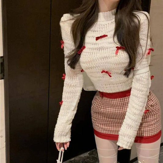 Japanese Kawaii Lolita Style Knitted Two Piece Set Women Sweet Party Elegant Skirt Suit Korean Bow Sweater Top Plaid Mini Skirts SS69