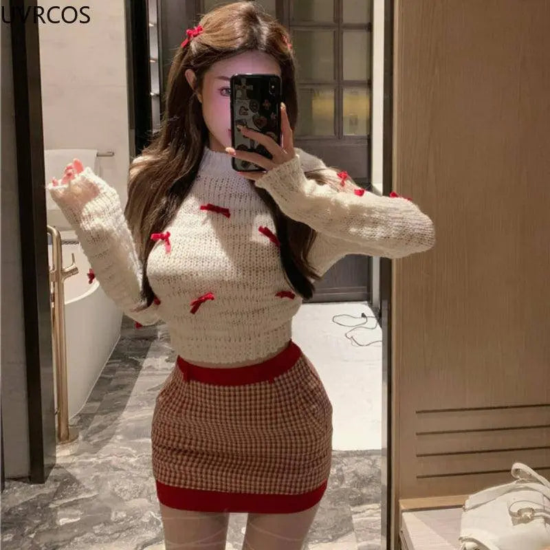 Japanese Kawaii Lolita Style Knitted Two Piece Set Women Sweet Party Elegant Skirt Suit Korean Bow Sweater Top Plaid Mini Skirts SS69