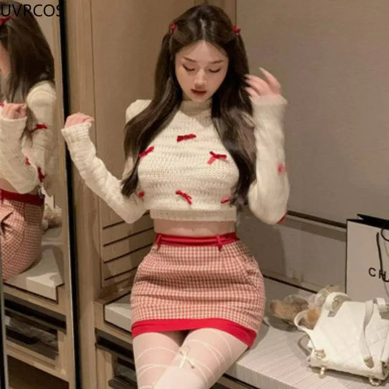 Japanese Kawaii Lolita Style Knitted Two Piece Set Women Sweet Party Elegant Skirt Suit Korean Bow Sweater Top Plaid Mini Skirts SS69