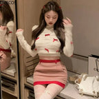 Japanese Kawaii Lolita Style Knitted Two Piece Set Women Sweet Party Elegant Skirt Suit Korean Bow Sweater Top Plaid Mini Skirts SS69