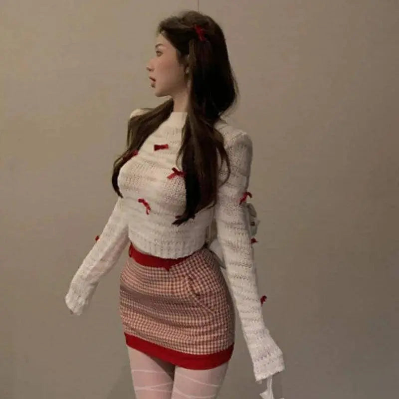 Japanese Kawaii Lolita Style Knitted Two Piece Set Women Sweet Party Elegant Skirt Suit Korean Bow Sweater Top Plaid Mini Skirts SS69