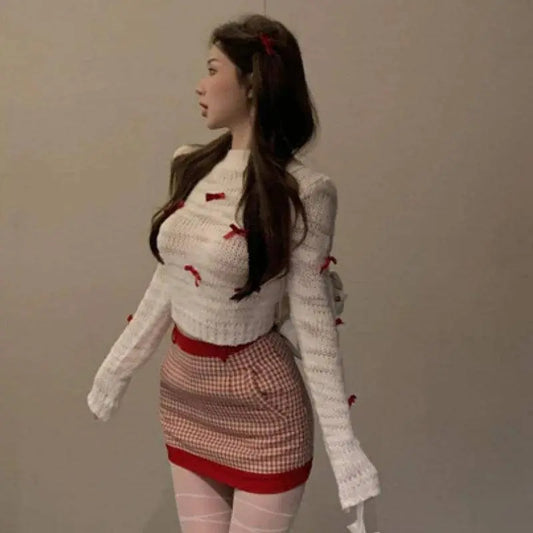 Japanese Kawaii Lolita Style Knitted Two Piece Set Women Sweet Party Elegant Skirt Suit Korean Bow Sweater Top Plaid Mini Skirts SS69