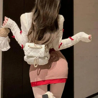Japanese Kawaii Lolita Style Knitted Two Piece Set Women Sweet Party Elegant Skirt Suit Korean Bow Sweater Top Plaid Mini Skirts SS69