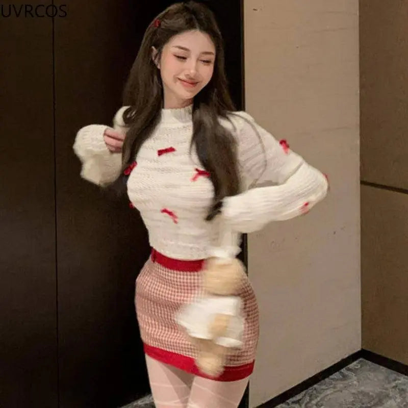 Japanese Kawaii Lolita Style Knitted Two Piece Set Women Sweet Party Elegant Skirt Suit Korean Bow Sweater Top Plaid Mini Skirts SS69