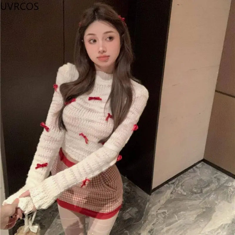 Japanese Kawaii Lolita Style Knitted Two Piece Set Women Sweet Party Elegant Skirt Suit Korean Bow Sweater Top Plaid Mini Skirts SS69