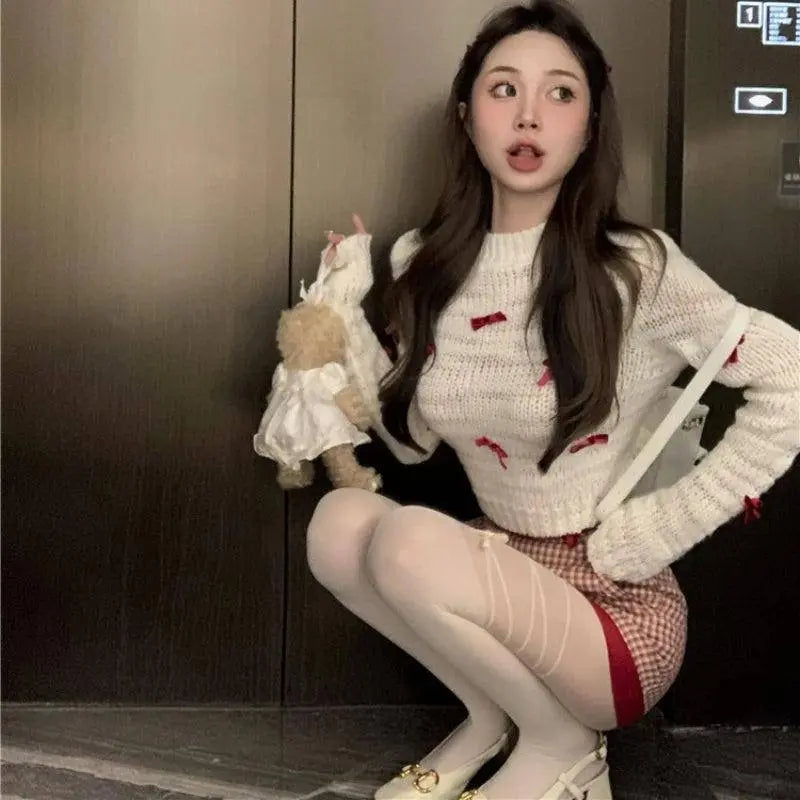 Japanese Kawaii Lolita Style Knitted Two Piece Set Women Sweet Party Elegant Skirt Suit Korean Bow Sweater Top Plaid Mini Skirts SS69