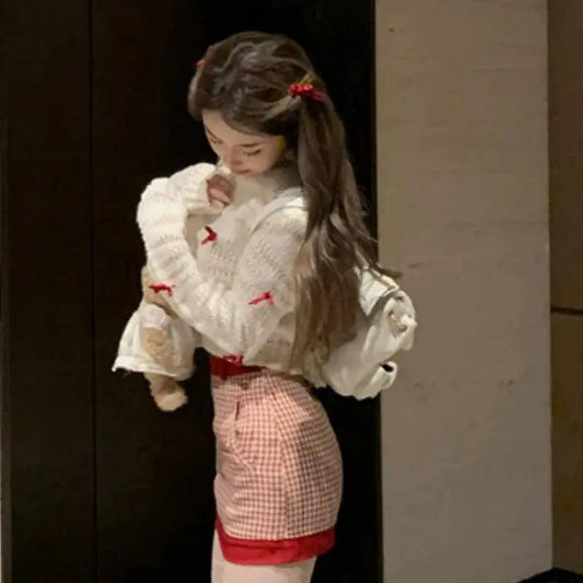 Japanese Kawaii Lolita Style Knitted Two Piece Set Women Sweet Party Elegant Skirt Suit Korean Bow Sweater Top Plaid Mini Skirts SS69