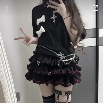 Japanese Lolita Black Red Jk Skirt for Women Y2k E-Girl High 2025 Waist Ruched A-line Skirts Summer New Thin Faldas Mujer - SS69