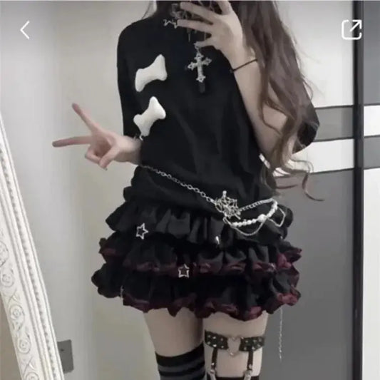 Japanese Lolita Black Red Jk Skirt for Women Y2k E-Girl High 2025 Waist Ruched A-line Skirts Summer New Thin Faldas Mujer - SS69