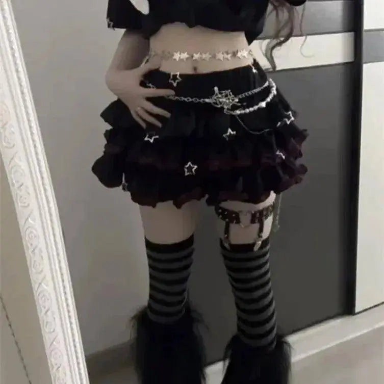 Japanese Lolita Black Red Jk Skirt for Women Y2k E-Girl High 2025 Waist Ruched A-line Skirts Summer New Thin Faldas Mujer - SS69